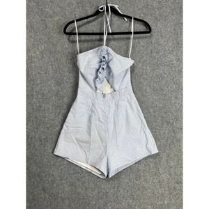 Revolve Romper Women Small Blue Halter Neck Striped Cut Out Ruffle Front